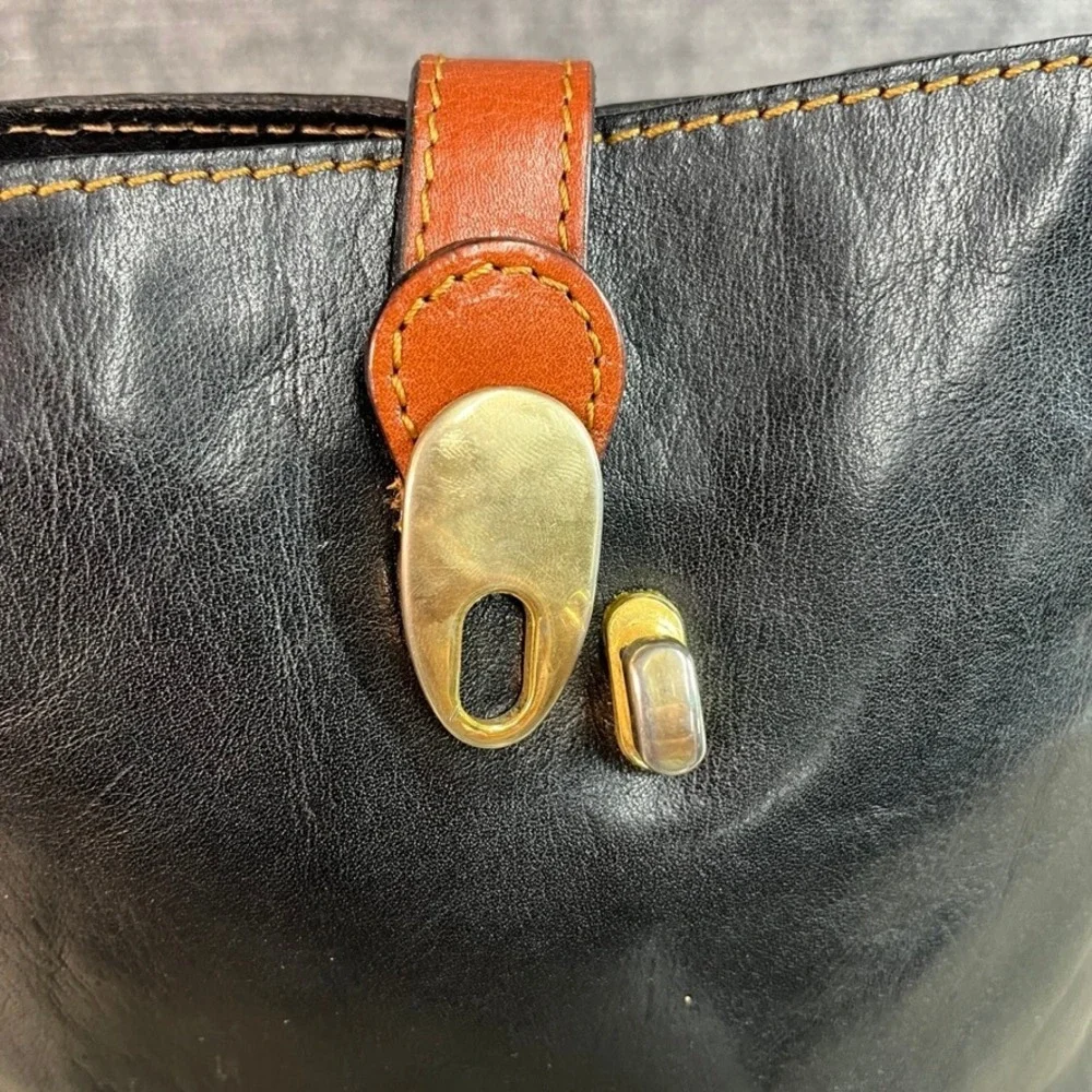 Vintage Italian Leather Crossbody Bag Black Brown Trim Turn Lock Small Bucket